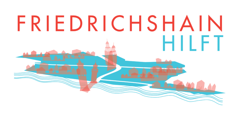 Fhain Hilft Logo mit Schriftzug Friedrichshain Hilft und einer Shilouette des Kiezes in Blau und Rot auf wei0em Hintergrund